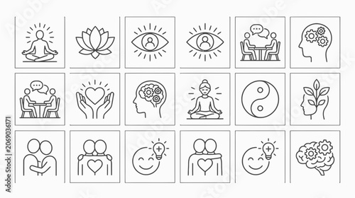 Mental wellness line icons set therapy meditation mindfulness and emotional support concepts