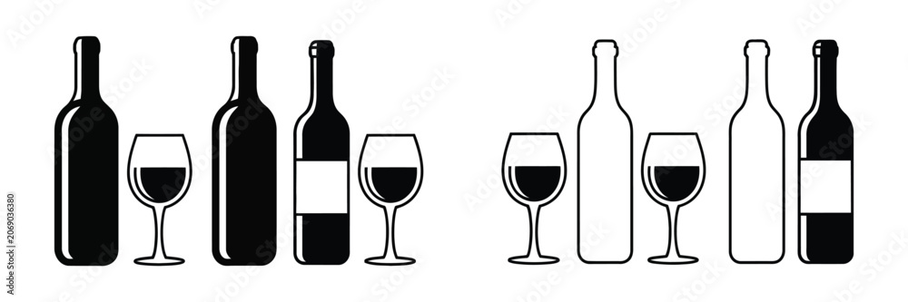 Fototapeta premium Wine bottle icons, wine glass symbols for beverage service, restaurant menus, celebrations and hospitality design, vector illustration.