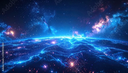 A breathtaking digital representation of a planet's surface, illuminated by a vibrant blue glow and sparkling lights, set against a backdrop of a star-filled galaxy with swirling nebulae.
