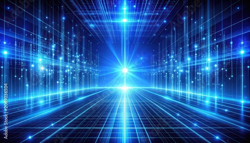 Digital Abstract Space with Neon Blue Grid and Glowing Particles