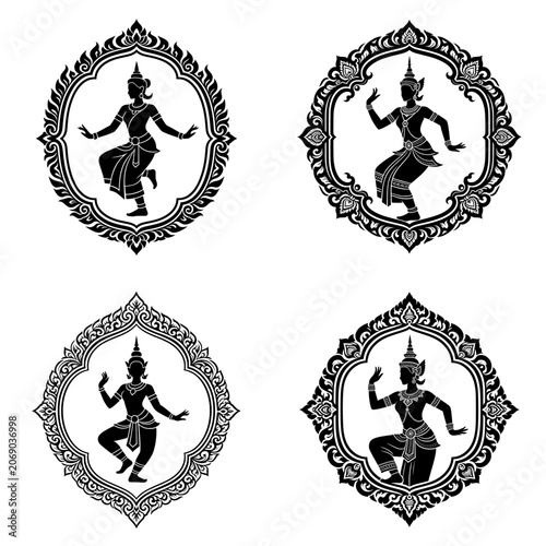 Masterpiece Thai Dancer icon featuring a graceful classical Thai dancer harmoniously combined with lotus-inspired elements in a clean circular composition. Premium black and white vector emblem repres