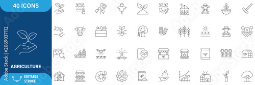 Agriculture Icon Set. Containing Farming, Crop, Harvest, Farmer, Tractor, Livestock, Irrigation, Greenhouse, Organic Farming, Agribusiness and More. Line Icon. Editable Stroke. Vector Illustration
