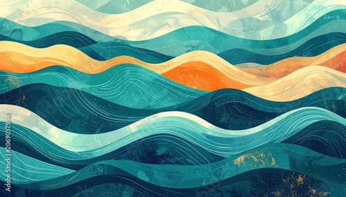 An abstract depiction of flowing waves in shades of blue, teal, and orange.