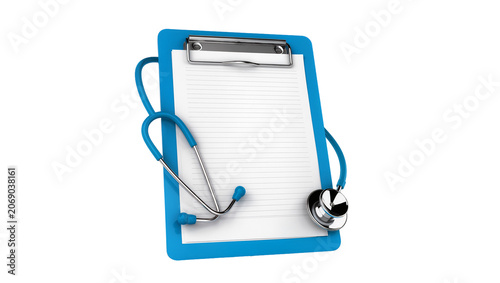 Foto Blue clipboard with blank lined paper and stethoscope, isolated on transparent b