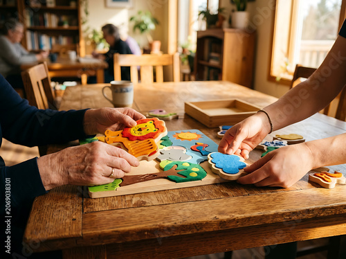 Two people, an older adult and a younger person, collaboratively assemble a colorful wooden animal puzzle on a rustic table in a warm, sunlit room.