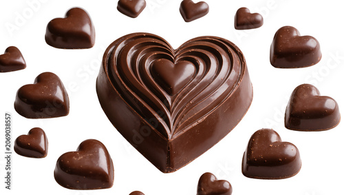 Assortment of dark chocolate heart candies one large intricately carved, isolated on transparent background