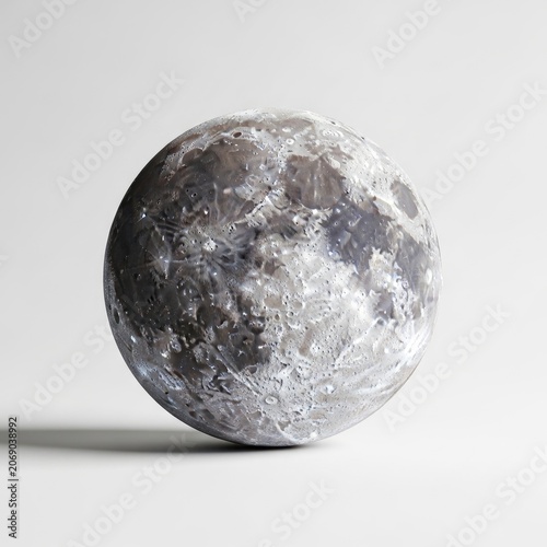 Detailed Full Moon with Craters and Shadows on White Background.