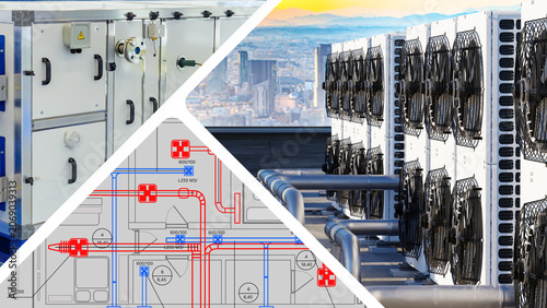HVAC engineering, Climate control design. Ventilation units, rooftop cooling equipment and technical plans show building air system project.