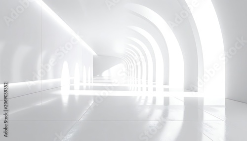 A bright and futuristic white hallway with arched openings and reflections.