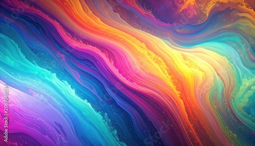 An abstract, swirling composition of vibrant, rainbow-colored bands with a textured, granular appearance.