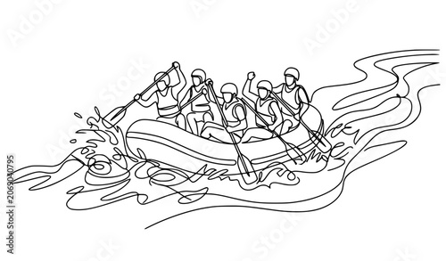 Continuous One Line Drawing of Group of People Rafting in Rough River Waves for Extreme Sports, Teamwork, and Outdoor Adventure Concepts