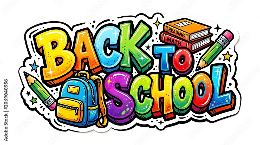 Fototapeta premium Vibrant Back to School Graffiti Sticker Design with Books, Backpack, and School Supplies
