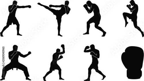 Black silhouette boxing and martial arts fighter vector set featuring combat poses and boxing glove