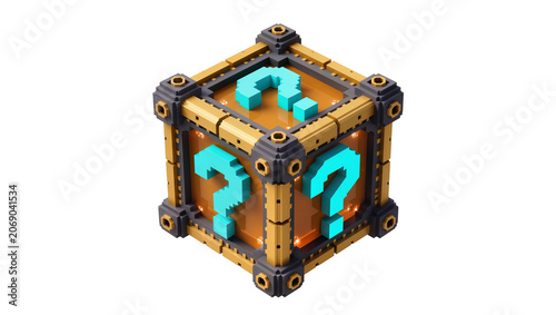 Obraz na płótnie Pixelated question mark mystery box with metallic frame, isolated on transparent
