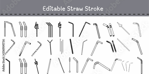 Schilderij op canvas Drinking Straw Icon Collection – Vector Line Art Set of Flexible Bendy Straws, R