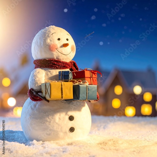 Cheerful Snowman Holding Colorful Gift Boxes in Snowy Village at Night