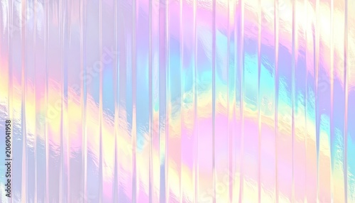 A vertical striped background with a holographic iridescent sheen, featuring pastel rainbow colors.