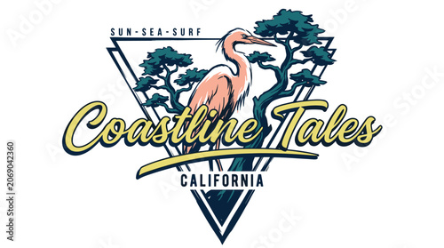 Coastline Tales. Retro Pink Heron. California Surf Art. Coastal Bird Design. Vintage Travel.