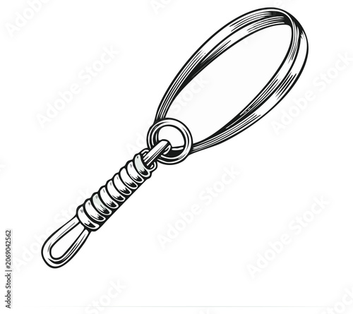 Illustration of a hand-held magnifying glass with coiled handle, outlined in vintage style for educational or scientific purposes.