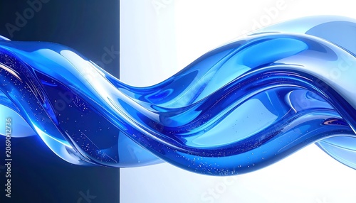 A swirling ribbon of translucent blue liquid with small white particles flowing dynamically against a gradient background of dark blue to white.