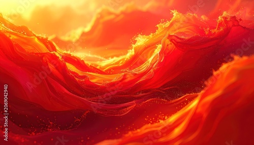 An abstract, fiery landscape of flowing red and orange fabric with sparkling golden particles.