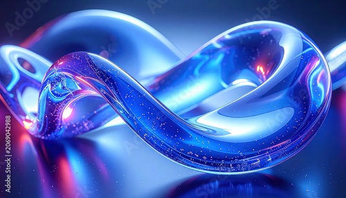 An abstract blue and purple metallic structure with tiny shimmering particles.