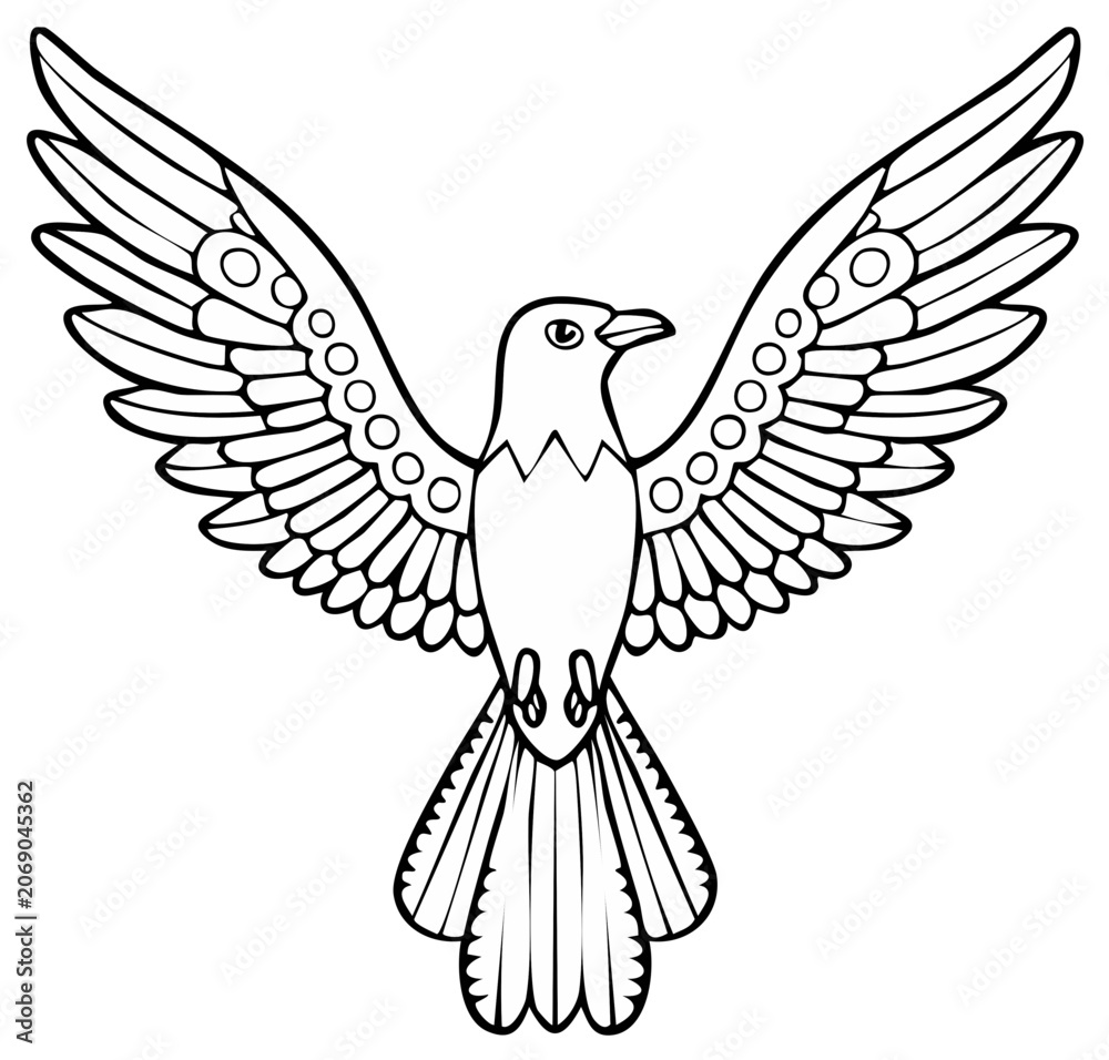 Fototapeta premium Stylized Bird Illustration with Open Wings in Black and White Outline