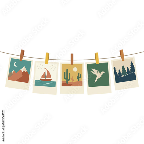 Obraz na płótnie Five vintage travel photos hang on a string with wooden clips