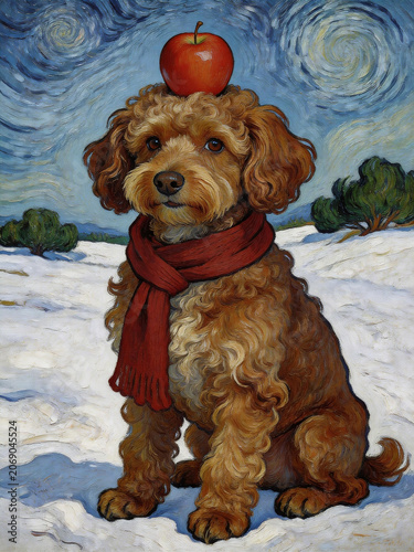 Minimalist Christmas-themed Teddy Dog Decorative Painting with Apple on its Head


