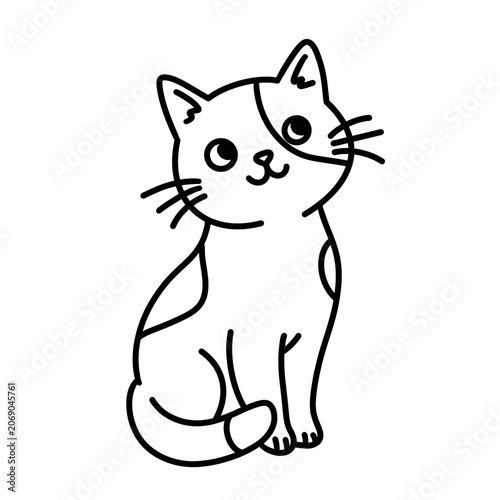 Cute cartoon cat sitting and looking up, black and white outline illustration for coloring page