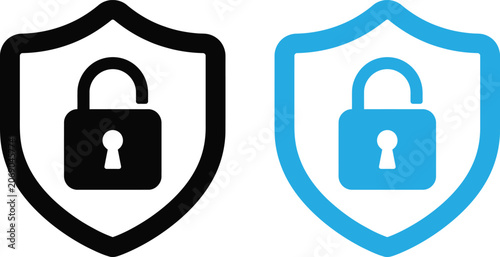 Black and blue shield icons with open padlock symbols for digital security and data protection
