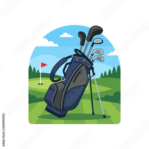 Fotografie A sturdy golf bag rests beside a sunlit, rolling green course