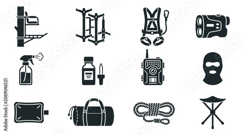 Includes: tree stand, climbing sticks, safety harness, rangefinder, scent spray bottle, deer lure, trail camera, camouflage face mask, hand warmer, game bag, rope, folding stool.