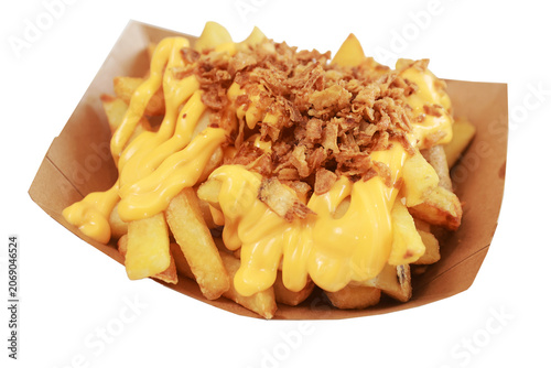 Frites faites maison avec des oignons frits