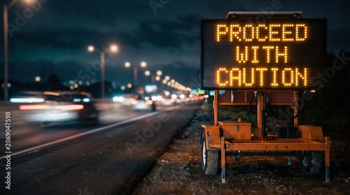 Roadside electronic warning sign illuminated with proceed with caution text at night along a busy highway with blurry passing car lights transport emergency hazardous