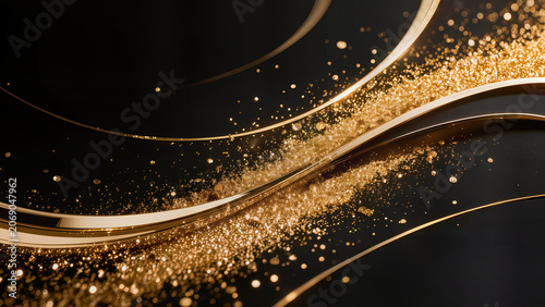 Luxury business success background, black and gold premium design, sparkling gold particles, elegant metallic light trails, wealth and prosperity concept,