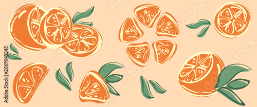 Orange vector clip art set. Hand drawn illustration collection of stylized oranges. Halved fruit, wedges, and individual cut slices arranged in a circle, accompanied by green leaves.