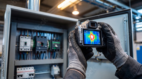 Thermal imaging inspection of electrical panel using infrared camera to detect heat scan overheating problem