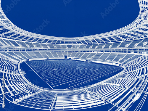 Blueprint line drawing of large sports stadium