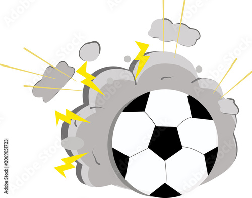 A soccer ball explodes with energy, surrounded by stylized lightning bolts and dramatic smoke clouds, conveying a sense of powerful impact and dynamic action.