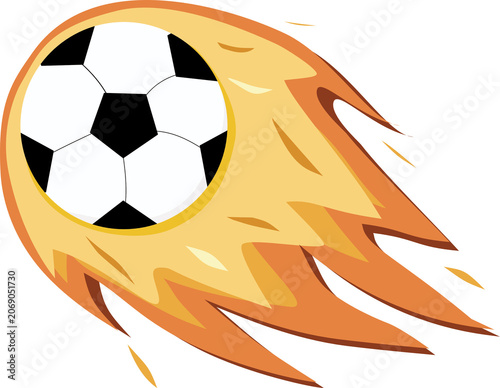 A soccer ball on fire, depicted with dynamic flames, shoots across a blank canvas, representing intense energy and speed in the sport.