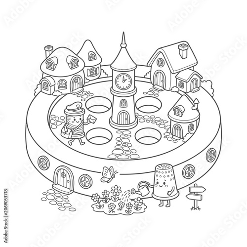 Whimsical fantasy village scene with clock tower, houses, and enchanted forest elements for children's illustrations or storybook covers.
