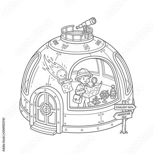 Whimsical cartoon astronauts exploring a futuristic dome-shaped space station with playful aliens inside.