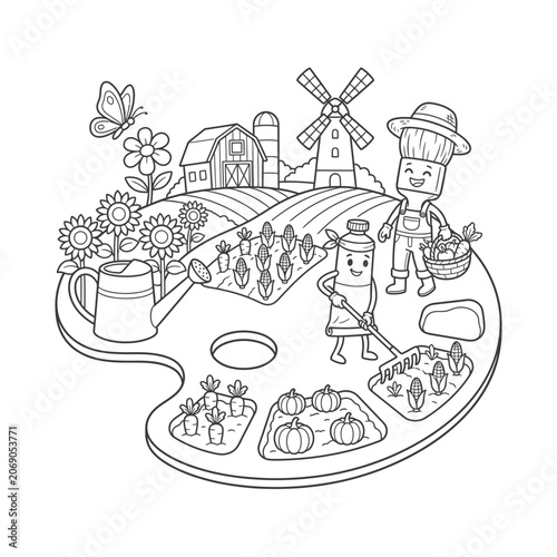 Whimsical farm scene with cartoon characters harvesting vegetables and flowers in a vibrant garden setting.