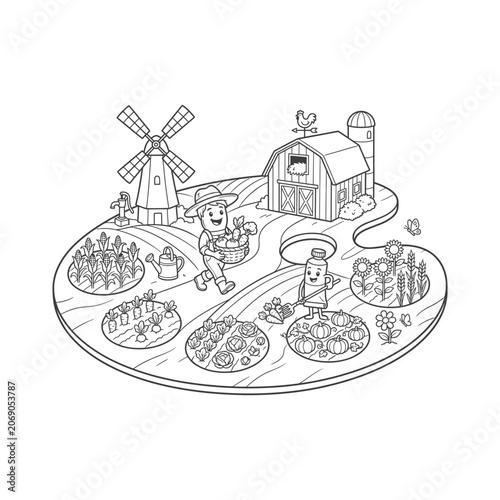 Whimsical vintage-style illustration of a rural farm scene with windmill, barn, and happy farmers harvesting crops for nostalgic decor or educational content.