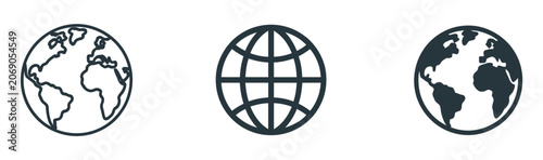 Globe icon set, internet and web symbols featuring www signs, website navigation icons, homepage buttons, earth globe graphics, vector illustration.