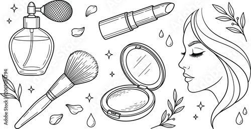 Bild auf Leinwand Beauty and cosmetics vector line art icon set featuring woman profile perfume bo