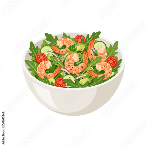 Fresh shrimp salad with arugula and tomatoes in a white bowl