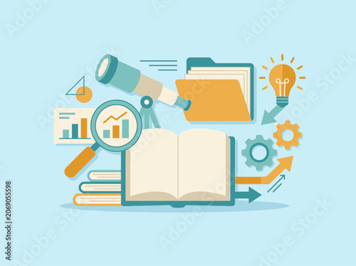 Flat vector illustration of business research and data analysis