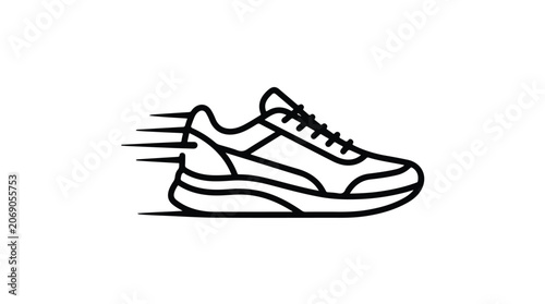 Minimalist running shoe icon with speed lines, black outline sneaker vector illustration, fast athletic footwear graphic for sports apps